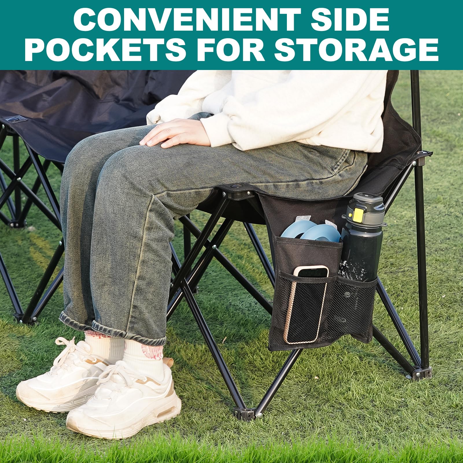 1MORE Soccer Bench storage pockets close-up for easy essentials