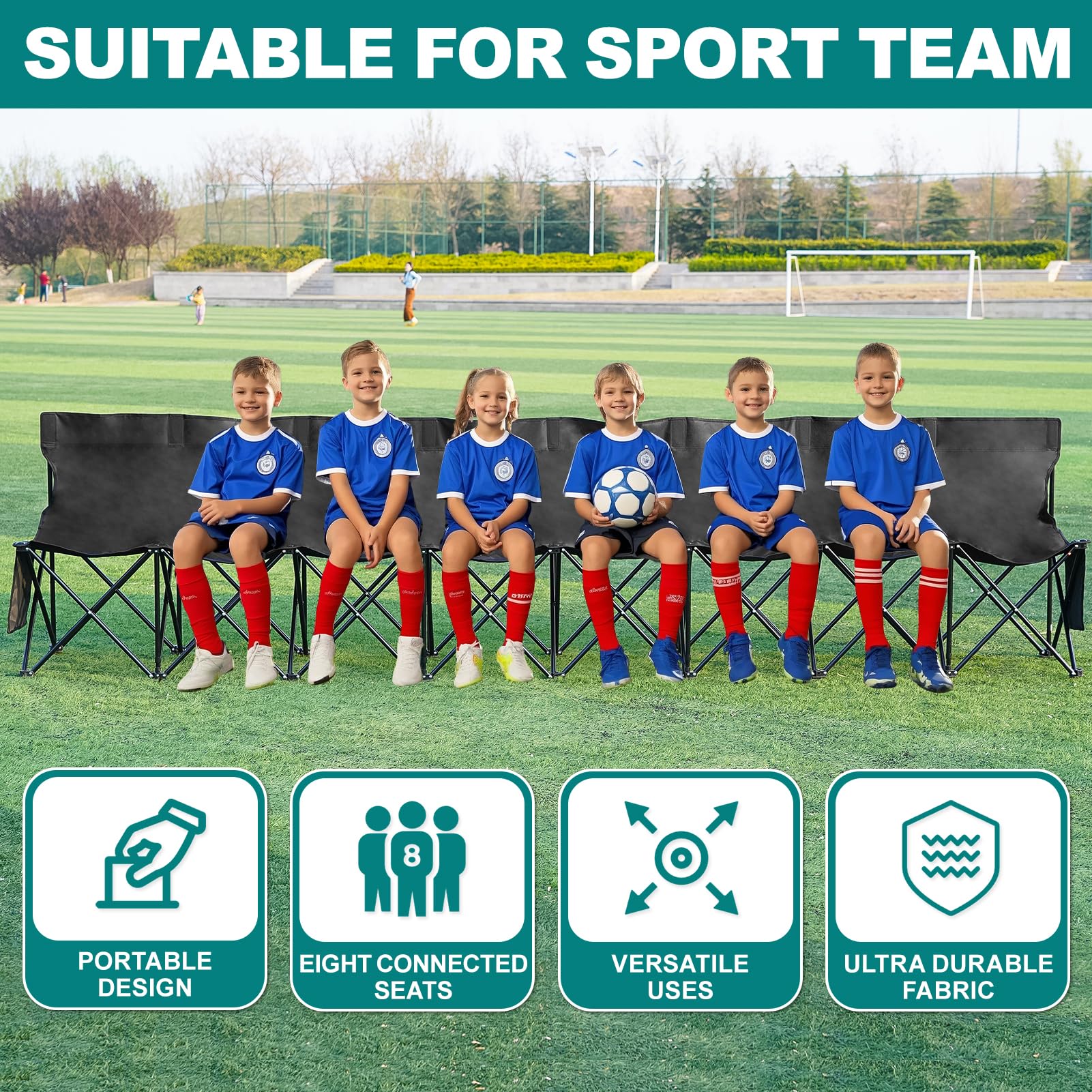 1MORE Soccer Bench close-up shows sturdy alloy frame and durable fabric