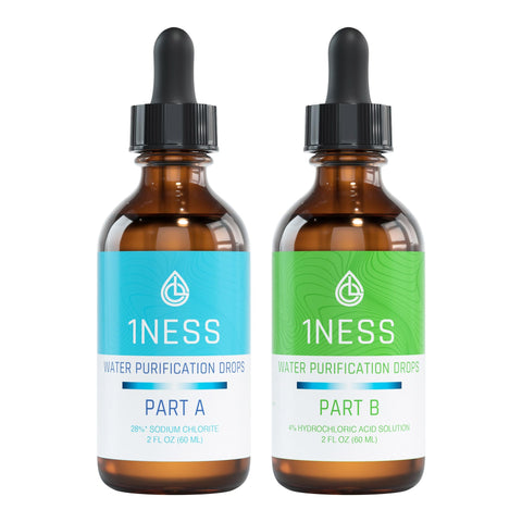 1NESS PRODUCTS chlorine dioxide kit overview with compact two-bottle setup for travel-ready water treatment.