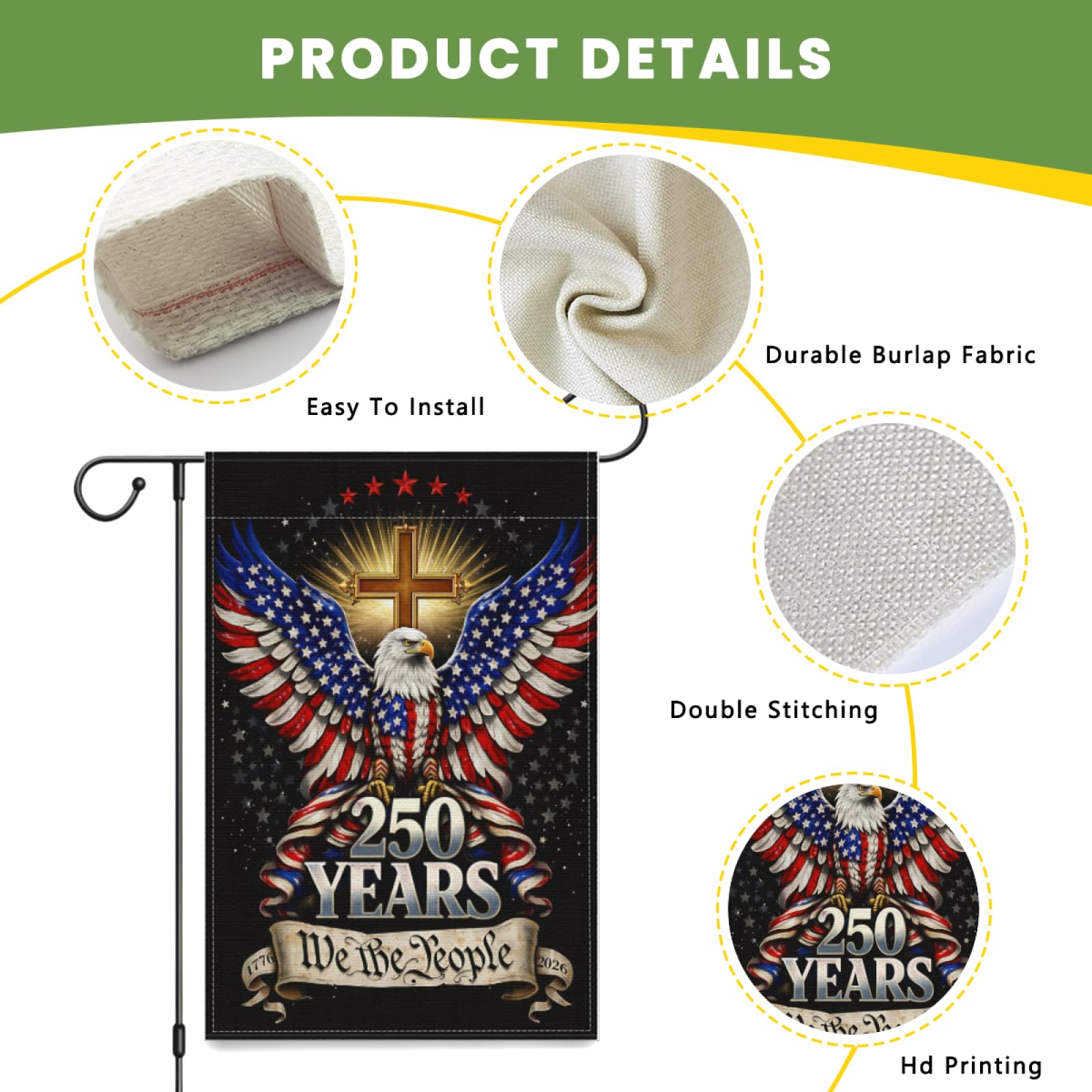250 Anniversary Years America flag with red stars and cross enhances patriotic decor.