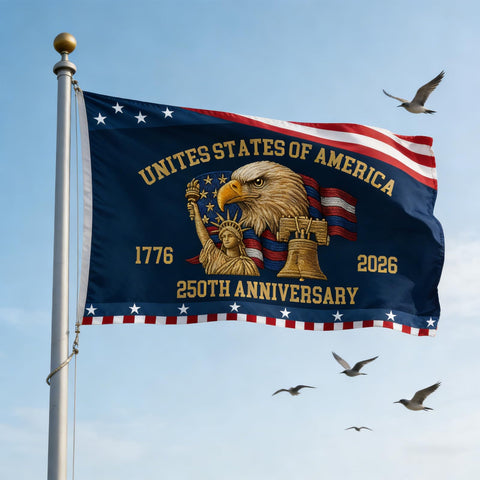 Double-sided visibility of 250th anniversary flag for clear outdoor read