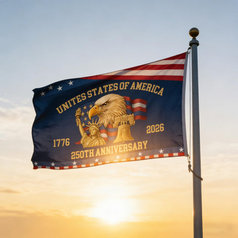 Outdoor wall display of 250th anniversary flag with vibrant colors