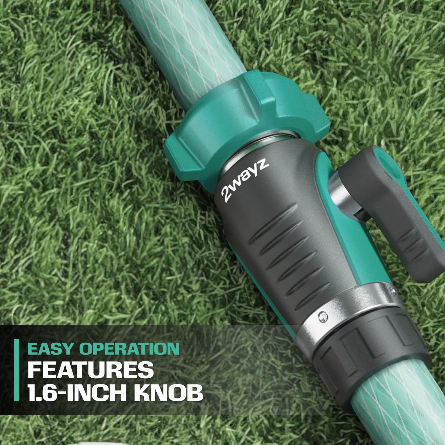 2WAYZ heavy-duty hose connector in green and black for rugged outdoor use.