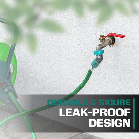 2WAYZ hose elbow shut-off valve close-up emphasizes precise threads for leak-free setup.