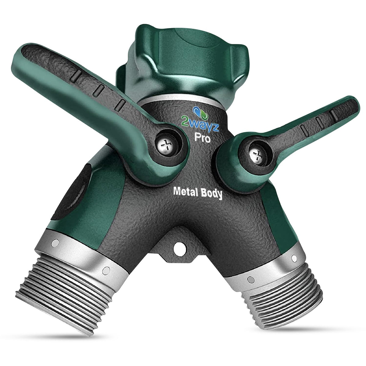 2WAYZ hose splitter with heavy-duty outdoor faucet for drip-free watering.