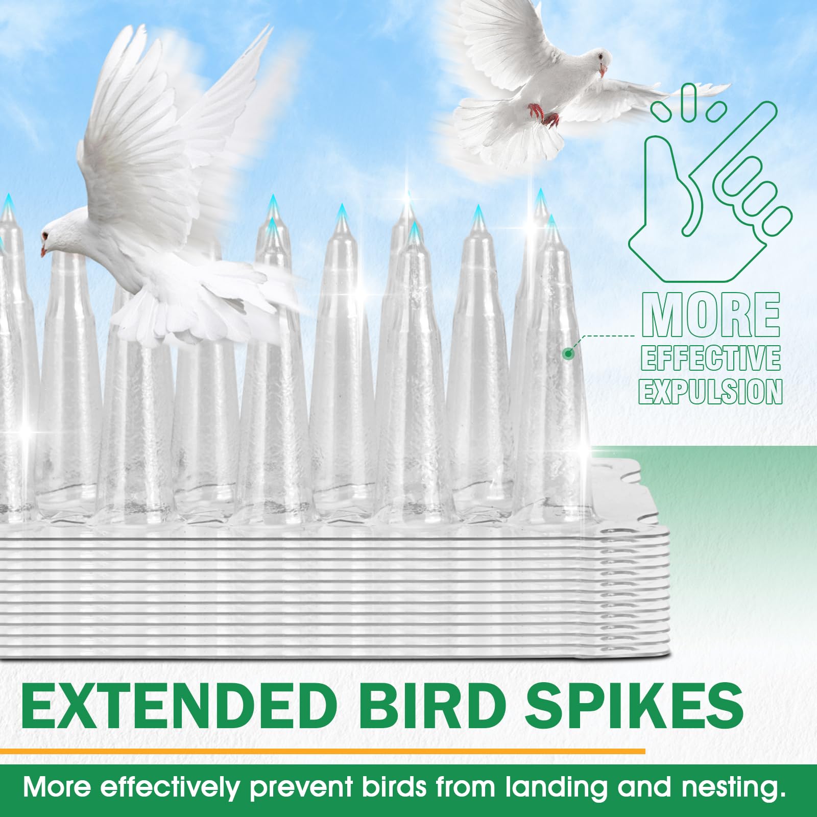 3 BUZZLETT bird spikes closeup of clear PVC material for durability.