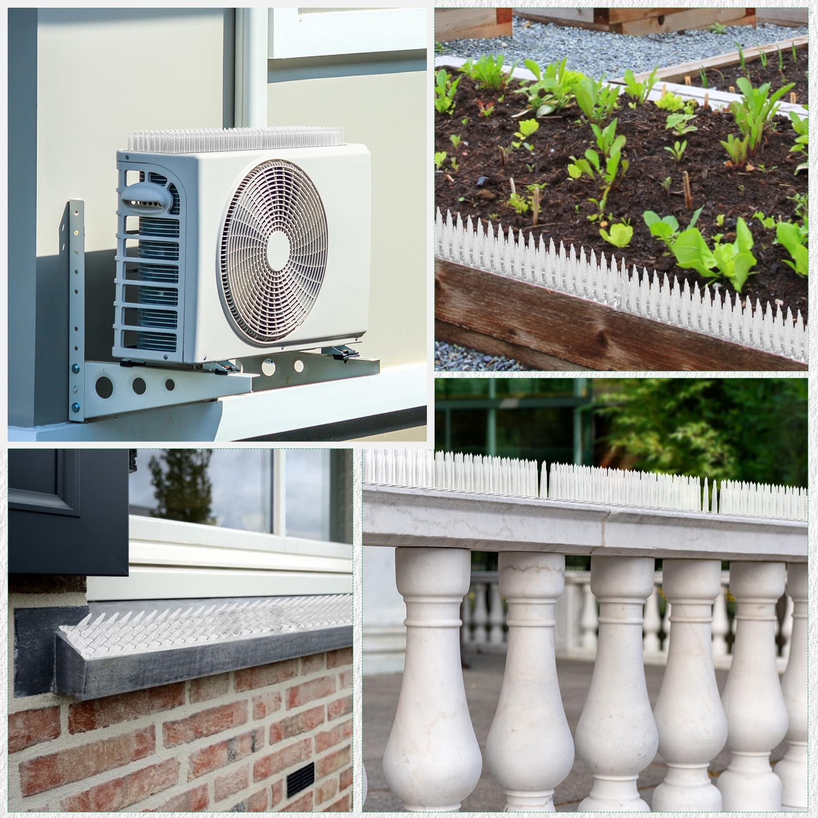3 BUZZLETT bird spikes highlight expansive 8 sq ft coverage.