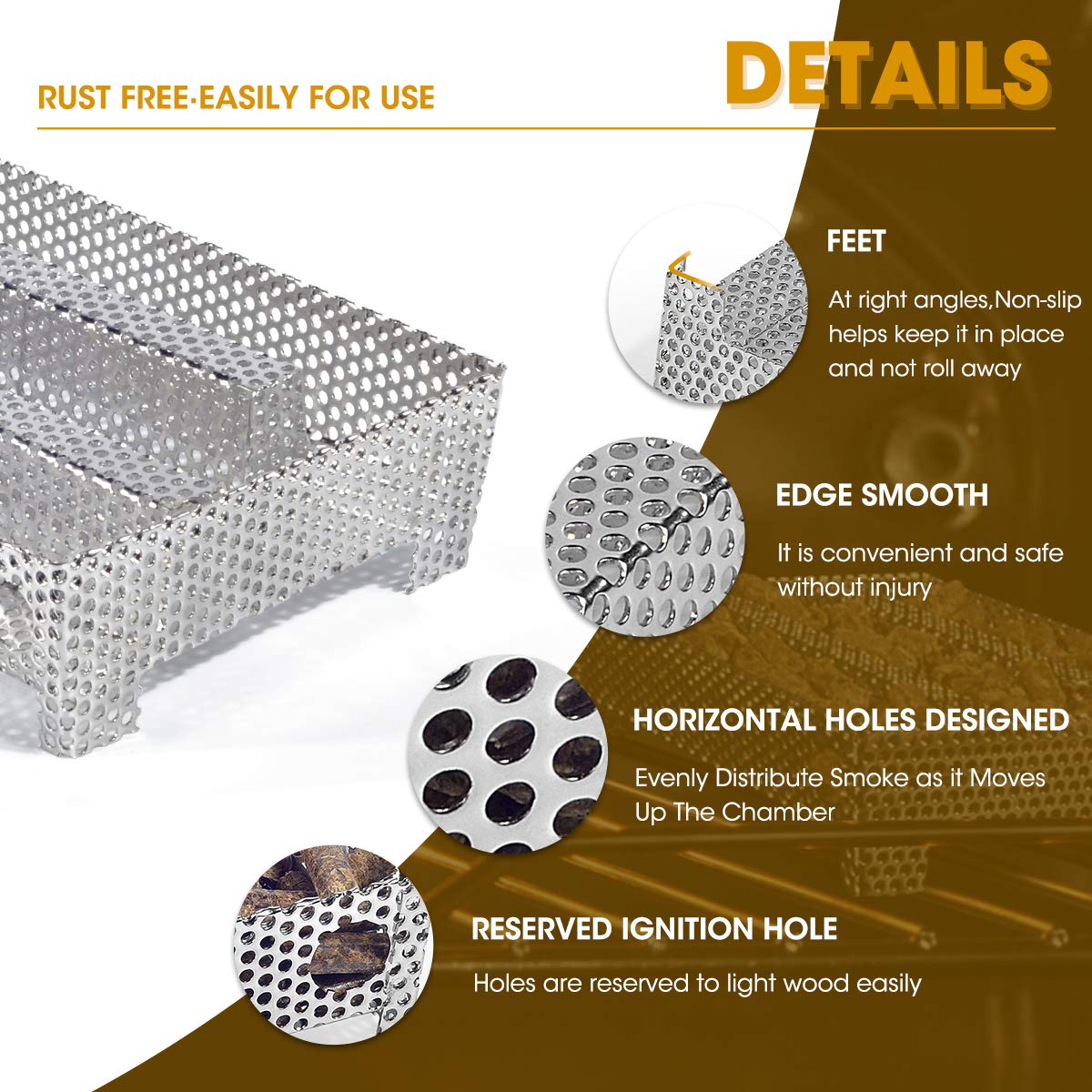 3 BUZZLETT stainless steel smoker tray closeup shows durable SS304 construction.