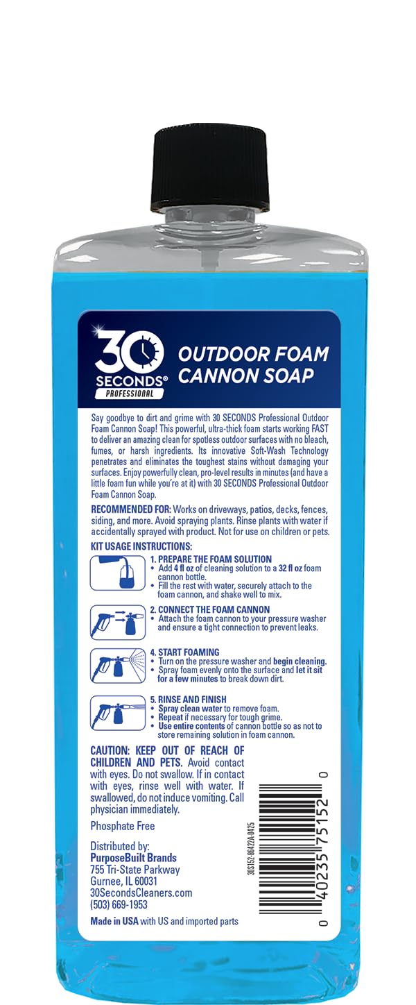 30 SECONDS Foam Cannon Soap bottle with thick foam showing cleaning power.