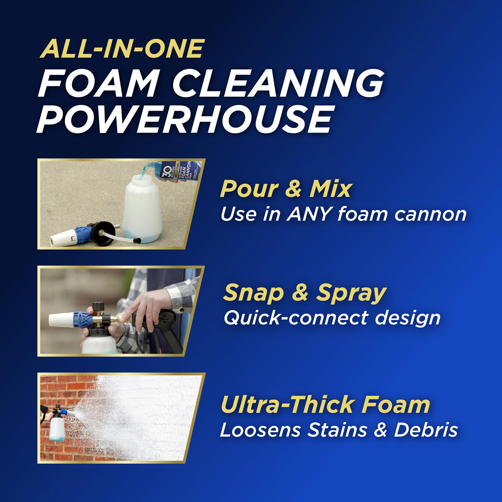 30 SECONDS Foam Cannon Soap on canvas awnings during outdoor cleaning.