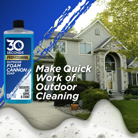 30 SECONDS Foam Cannon Soap on wooden deck tackling grime with foam.