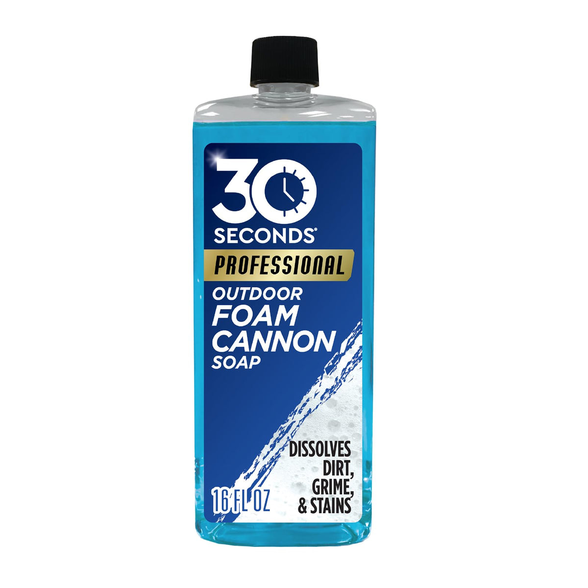 30 SECONDS Foam Cannon Soap foam on patio surface for outdoor cleaning.
