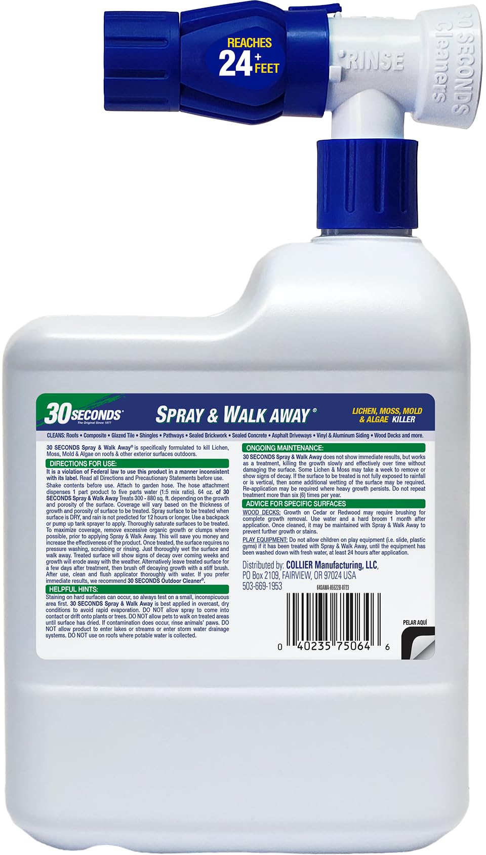 30 SECONDS bottle on hose shows second-story reach for large-area coverage