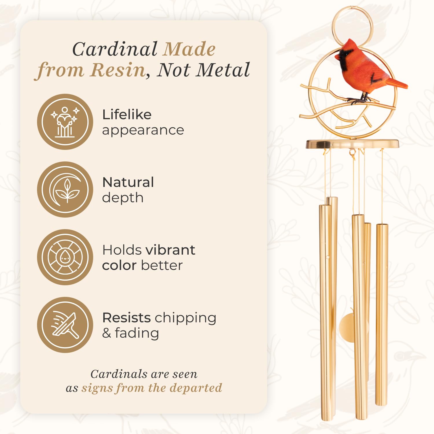 3213KeepsakeLane Cardinal Wind Chimes for Outside: weather-ready aluminum tubes ensure durable year-round display.