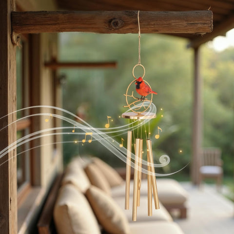 3213KeepsakeLane Cardinal Wind Chimes for Outside: cardinal perched on golden branches adds elegant outdoor memorial décor.