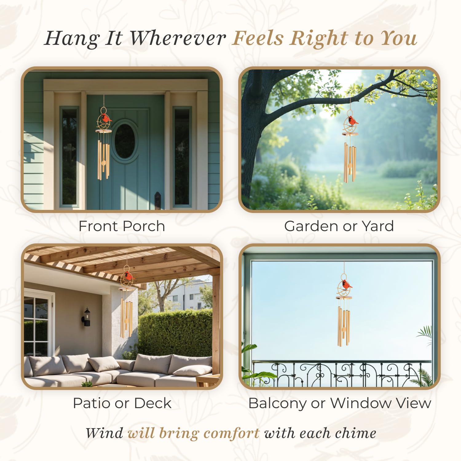 3213KeepsakeLane Cardinal Wind Chimes for Outside: ready-to-gift box makes sympathy gifting simple.