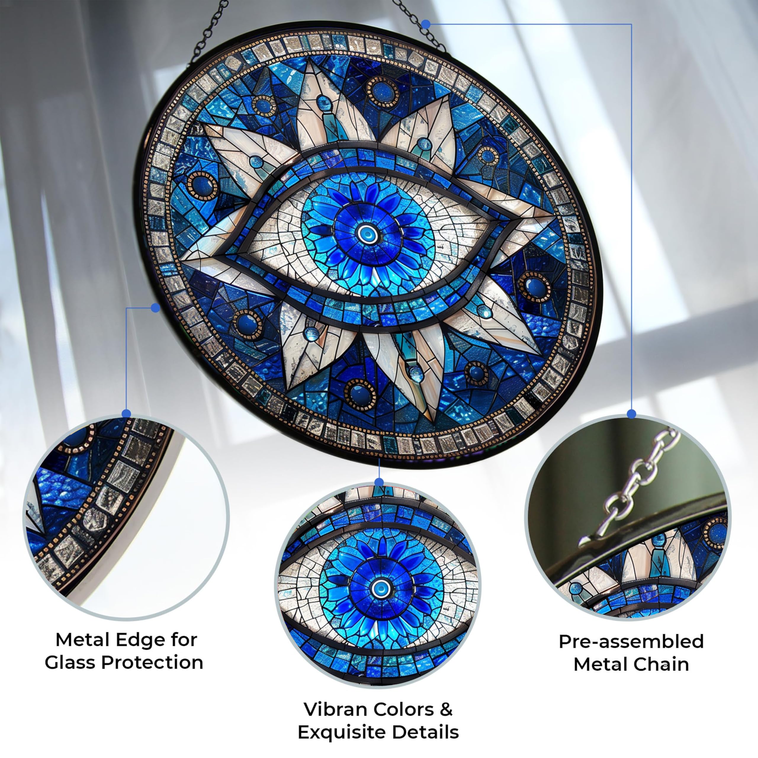365CUSGIFTS evil eye sun catcher mountain glass closeup shows vivid colors