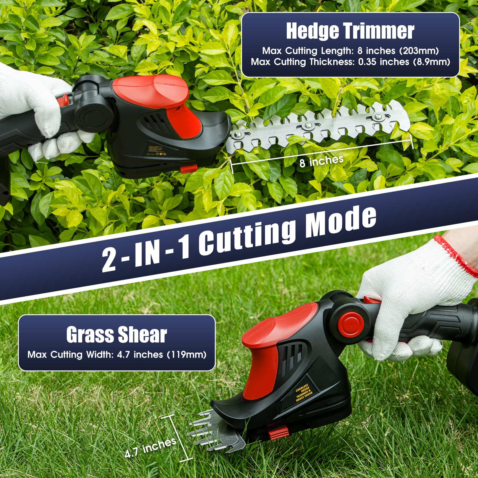 3D VO INN 2-in-1 blades switch between hedge trimming and grass edging for efficiency.