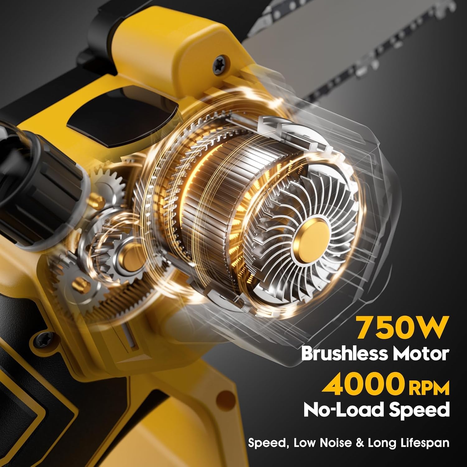 3D VO INN mini chainsaw demonstrates high 4000 RPM no-load speed for quick cuts.