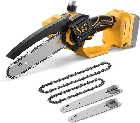 3D VO INN mini chainsaw showing DEWALT 20V battery compatibility for flexible power.