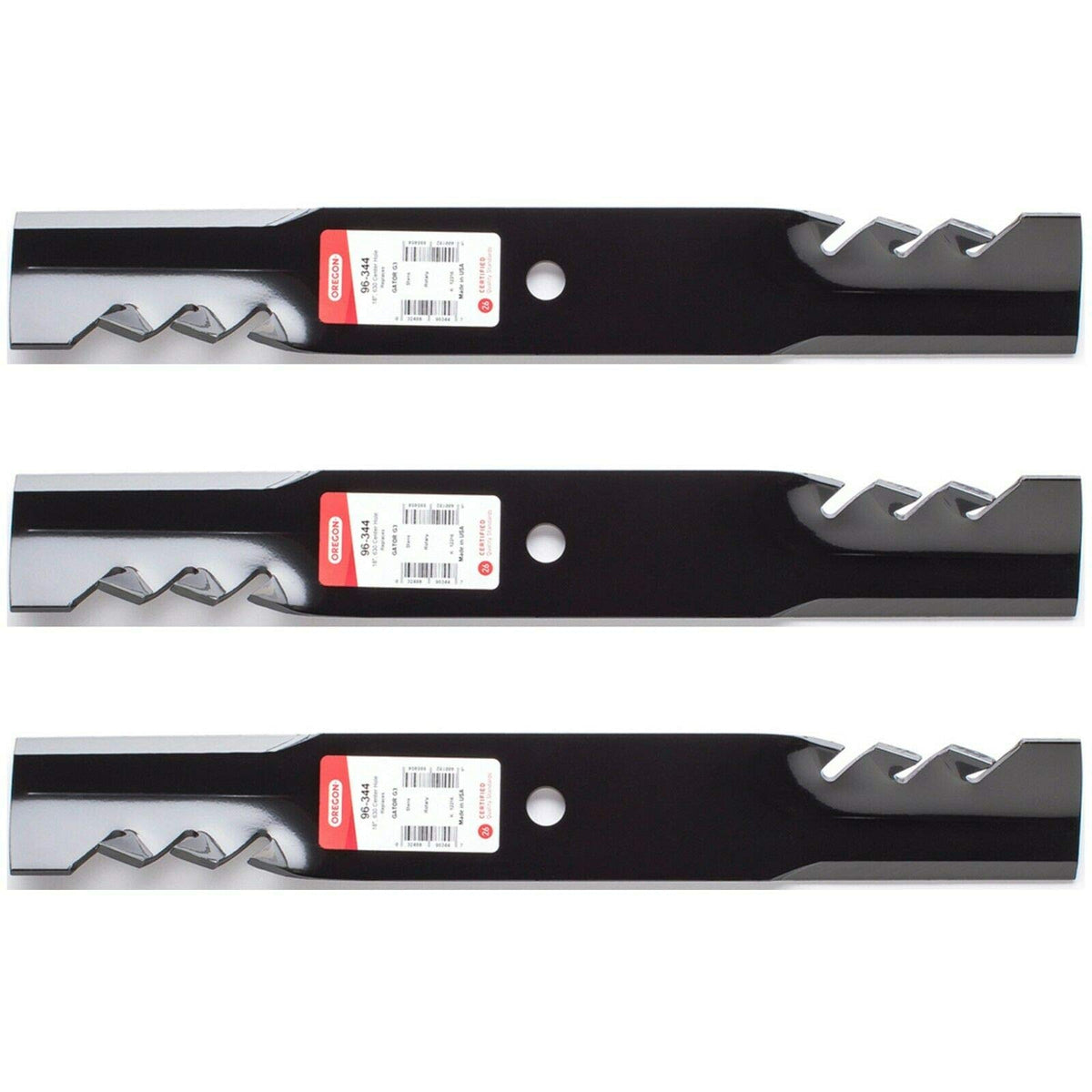 3PK Oregon Gator G3 blades pack delivering clean, even cuts on 52-inch Exmark mowers.