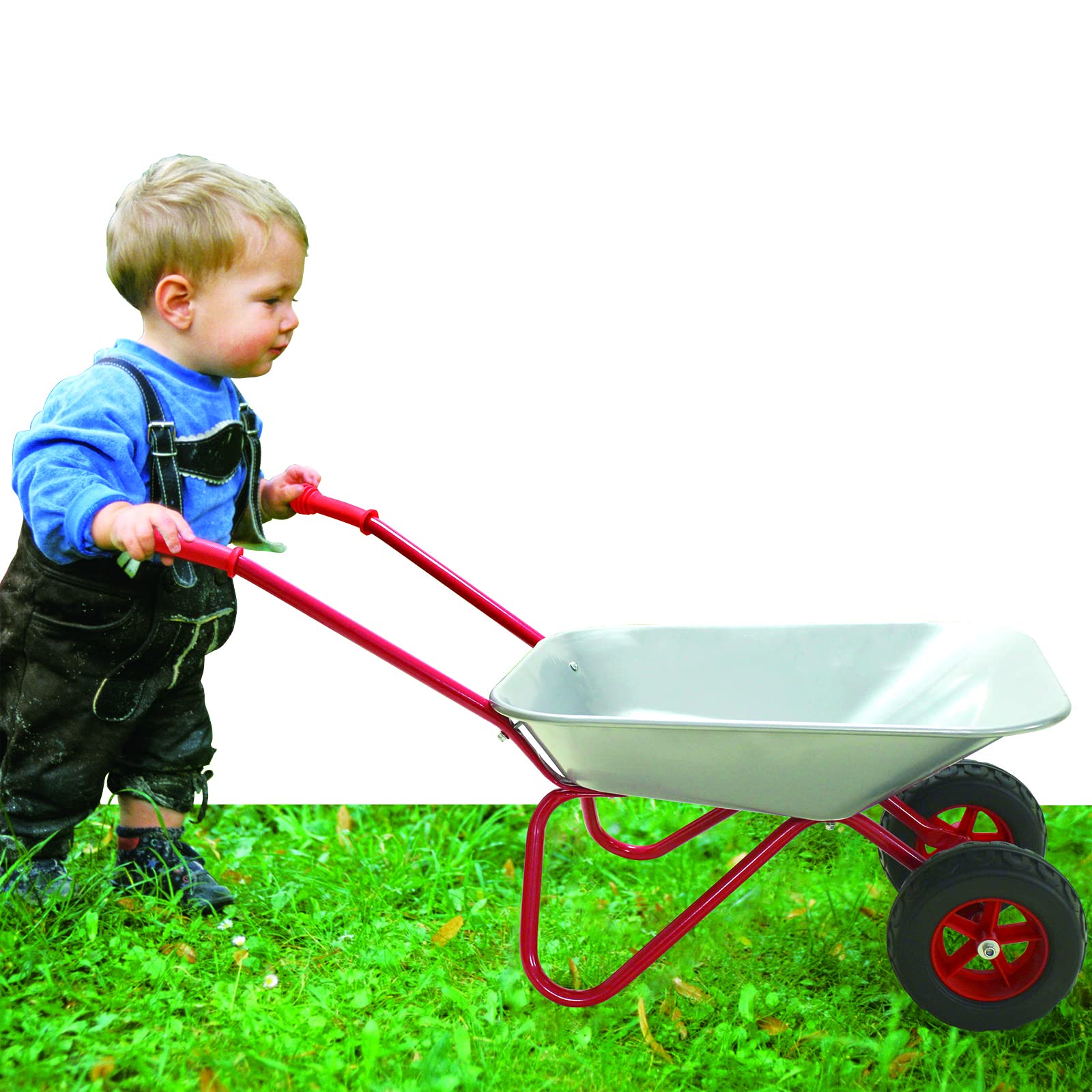 3T GROUP Kids Gardening Wheelbarrow in silver, front view showing compact size for outdoor play