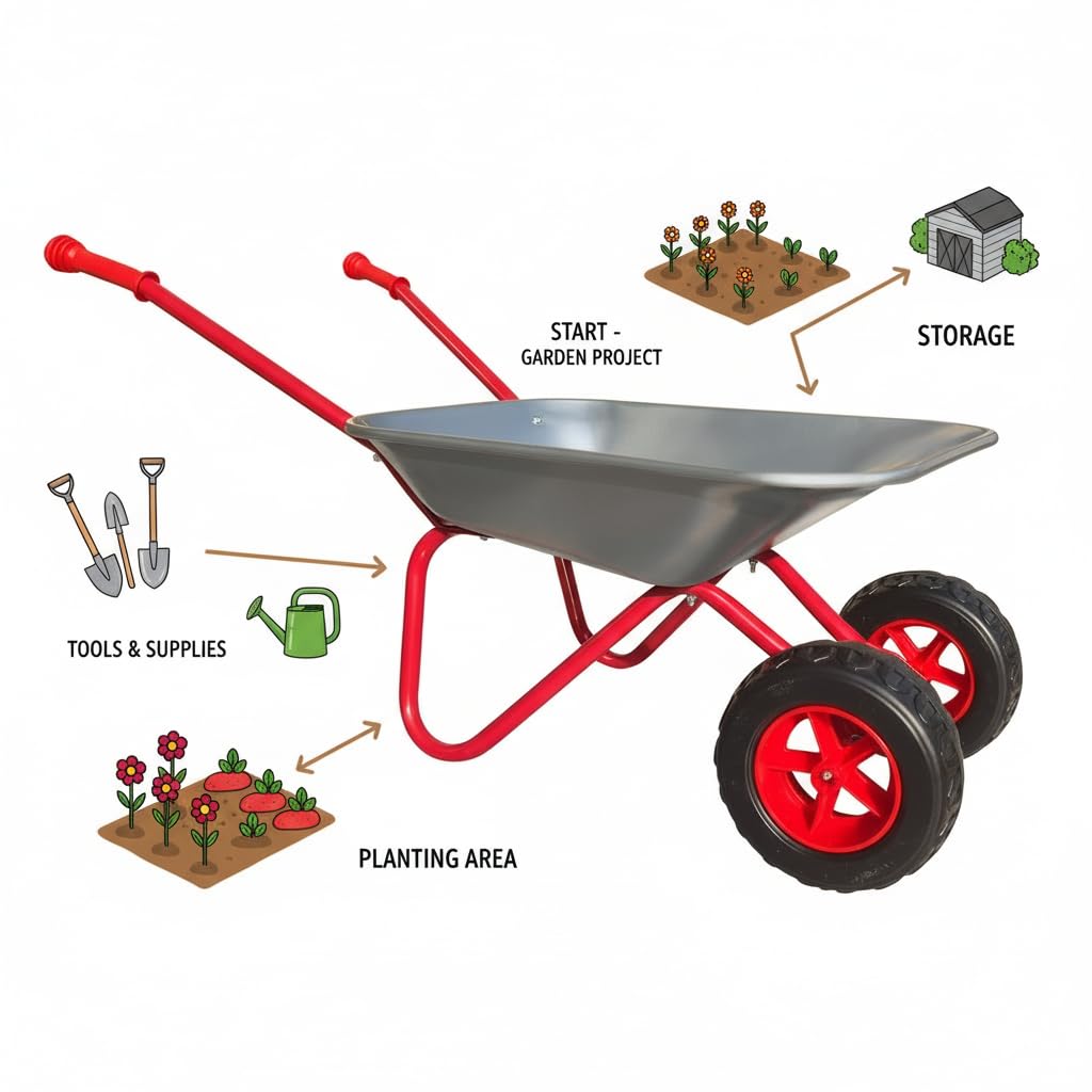 3T GROUP Kids Gardening Wheelbarrow in silver, side view highlighting two-wheel stability