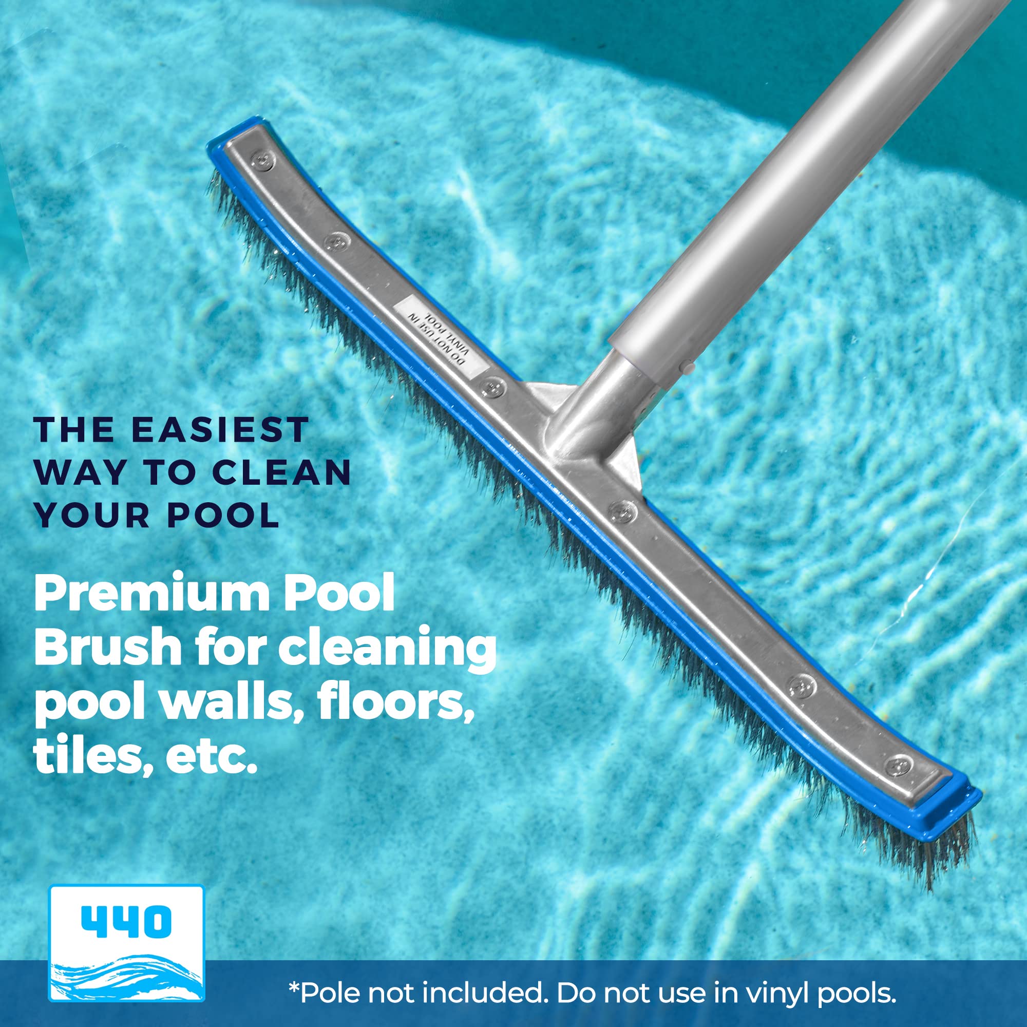 440 Heavy Duty Pool Brush showing stainless steel bristles for tough buildup removal.