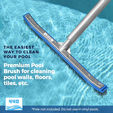 440 Heavy Duty Pool Brush showing stainless steel bristles for tough buildup removal.