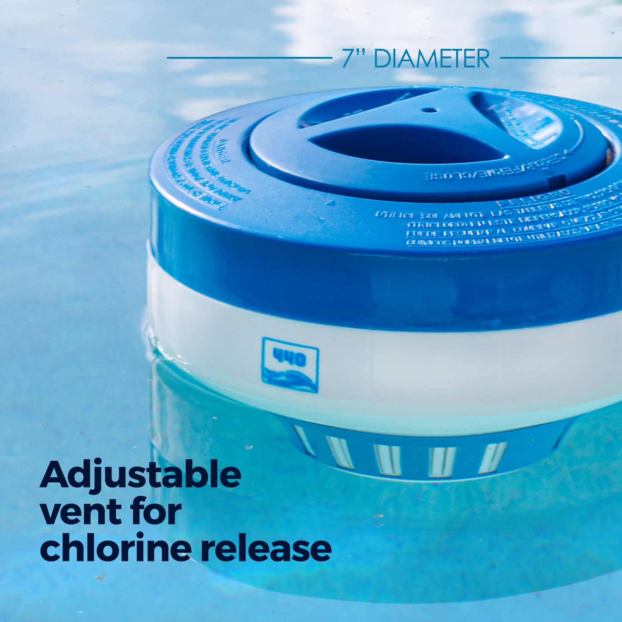 440 Pool Chlorine Floater capacity five tablets for varied pool sizes.