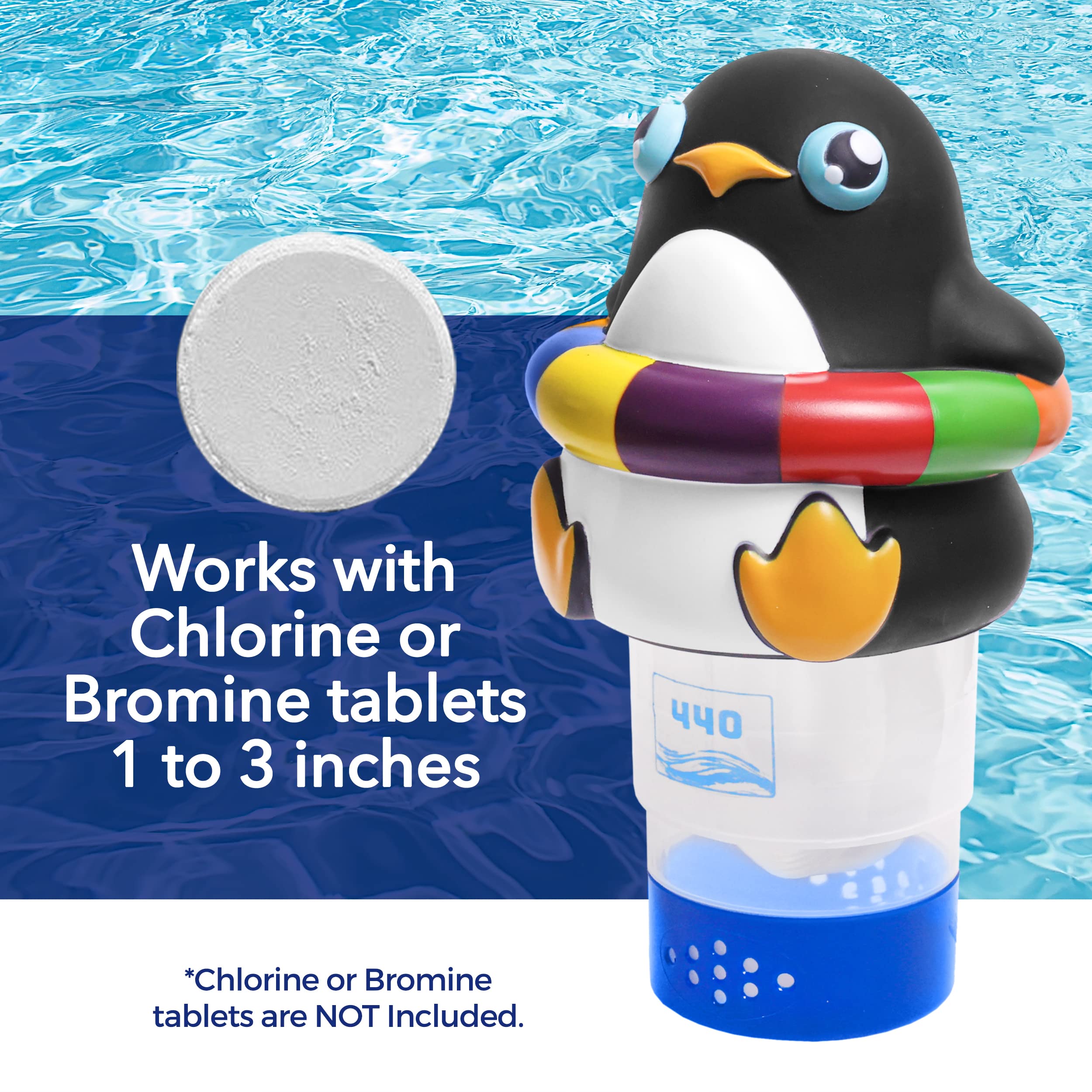 440 pool chlorine floater holds up to three 3-inch tablets for multiple pool sizes.