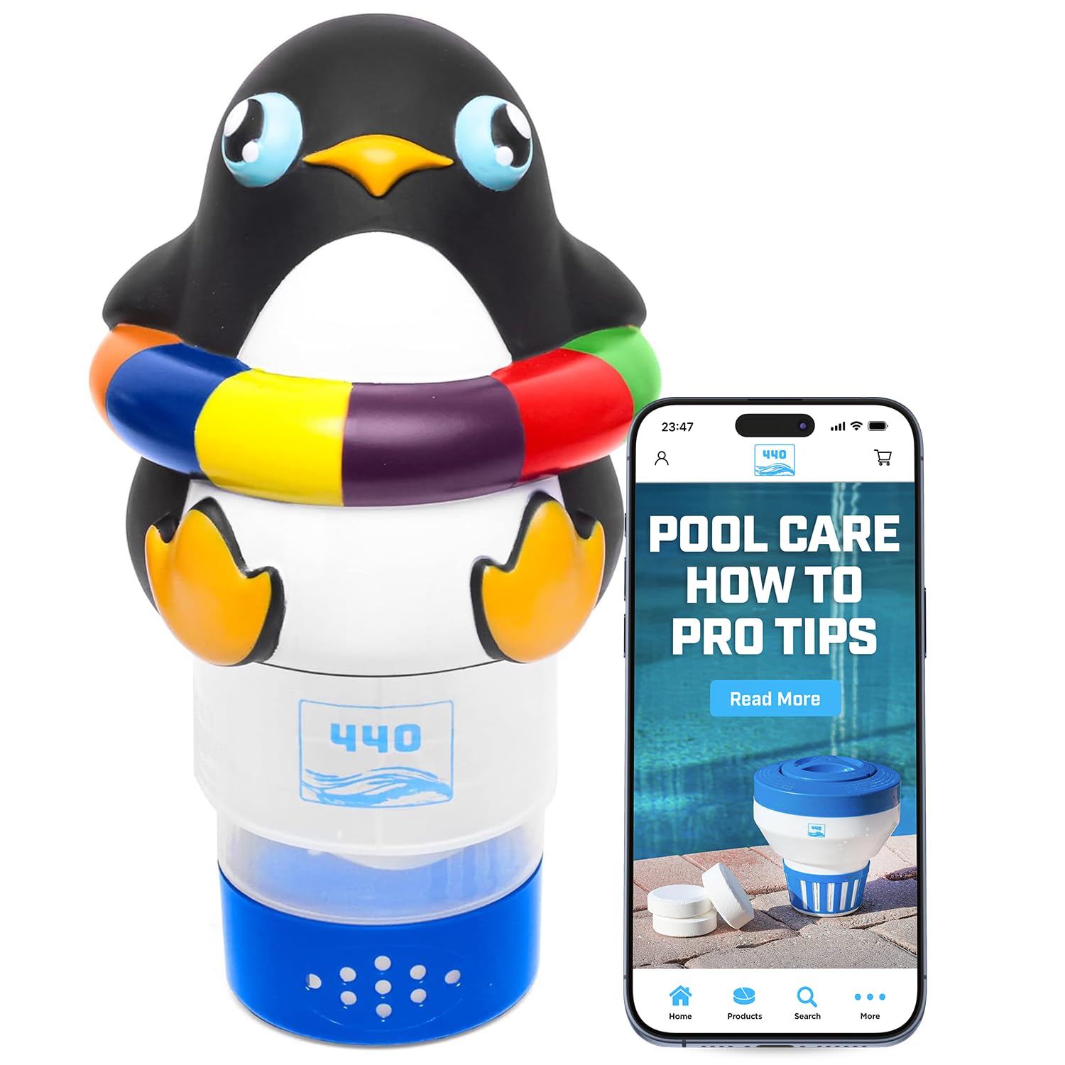 The 440 pool chlorine floater with penguin lid ensures secure tablet release for clean water.