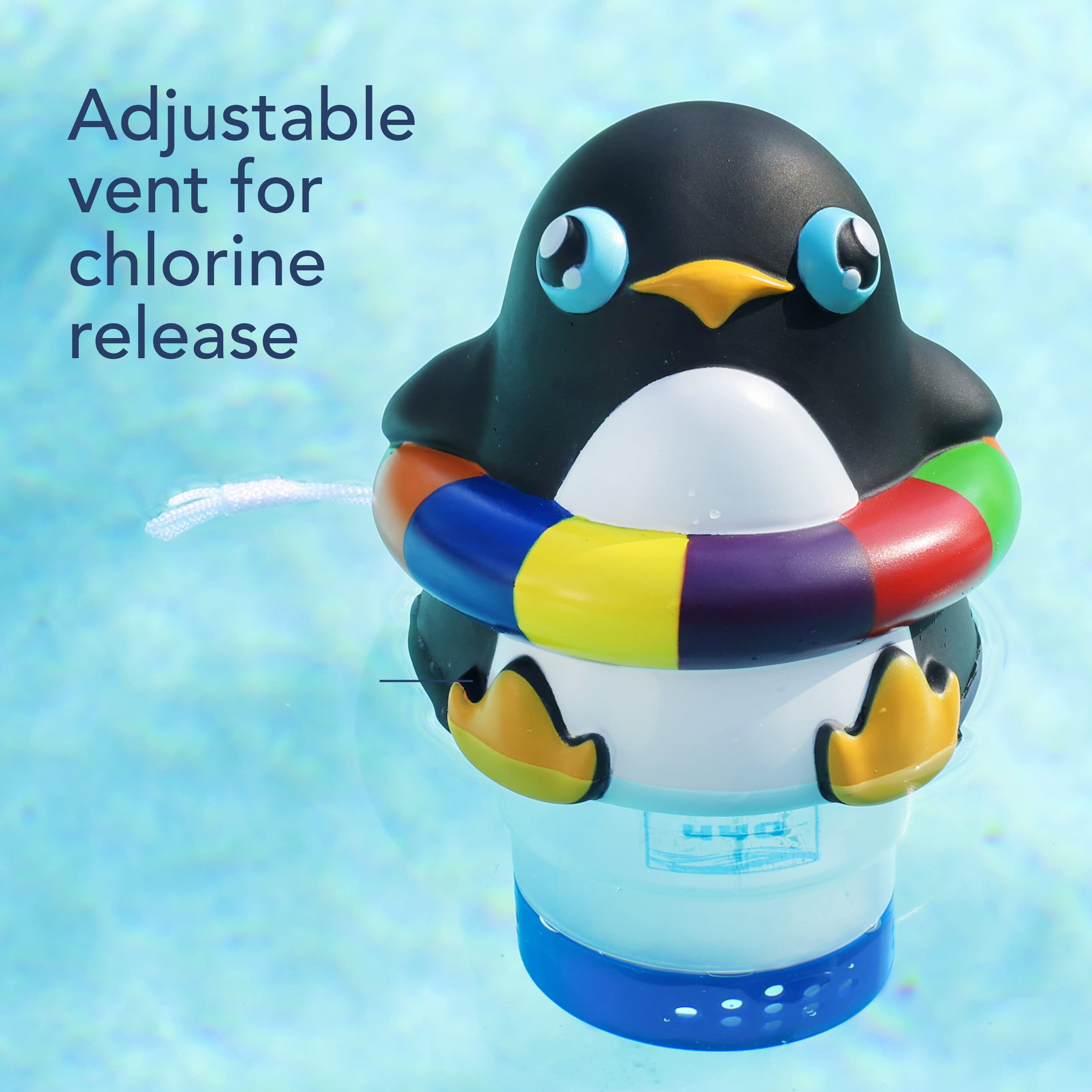 440 pool chlorine floater with transparent chamber for easy tablet monitoring and dosing.