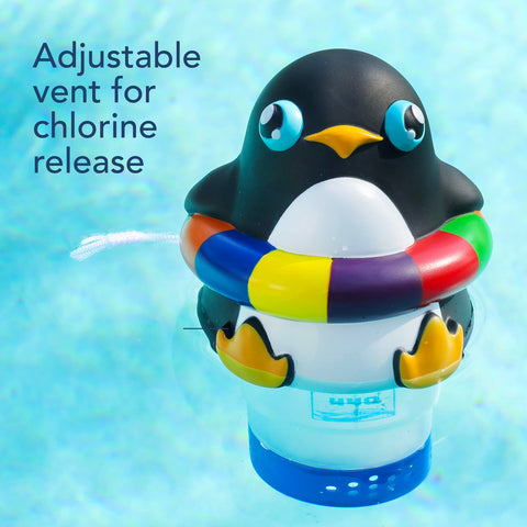 440 pool chlorine floater with transparent chamber for easy tablet monitoring and dosing.