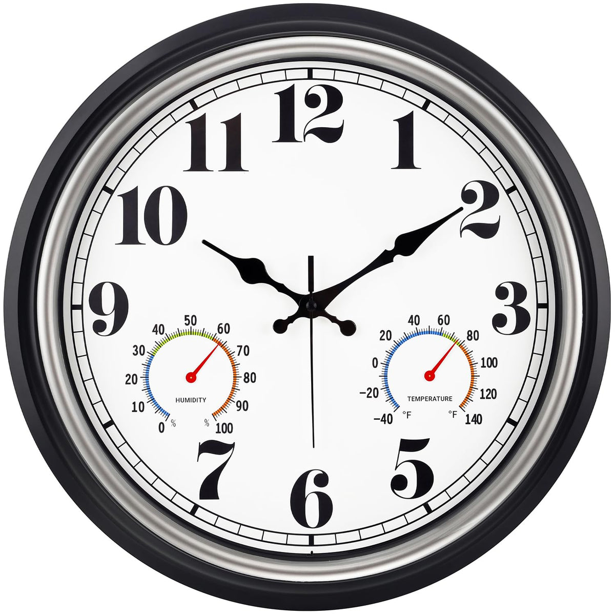 45MinST 16-inch silver vintage clock on outdoor wall with easy-to-read dial.