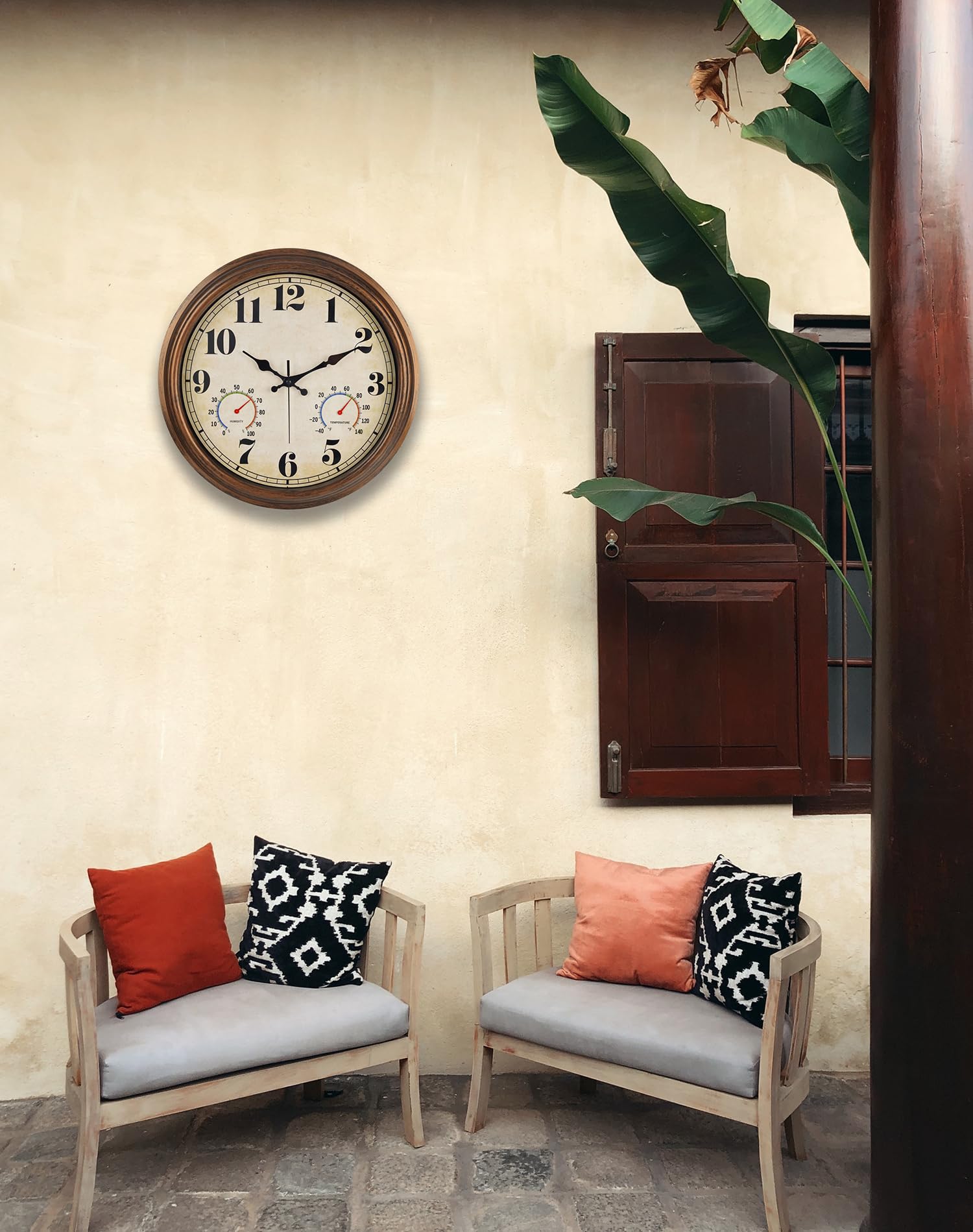 45MinST bronze wall clock hygrometer dial monitors humidity for comfort.