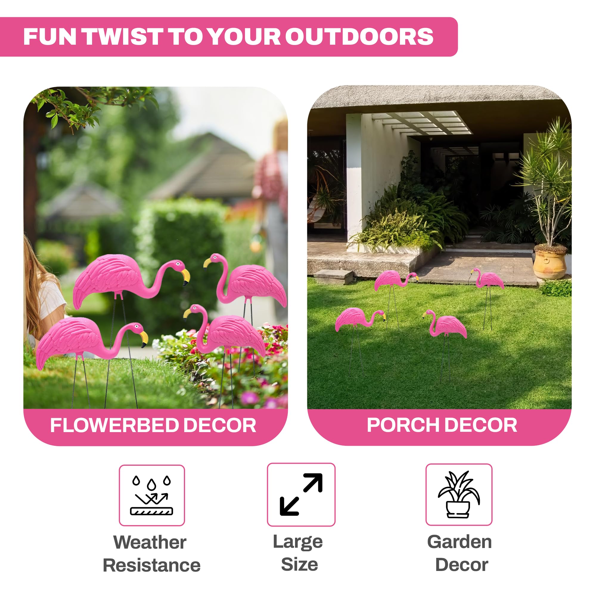 4E's Novelty flamingos feature 21-inch metal legs for stable setup.