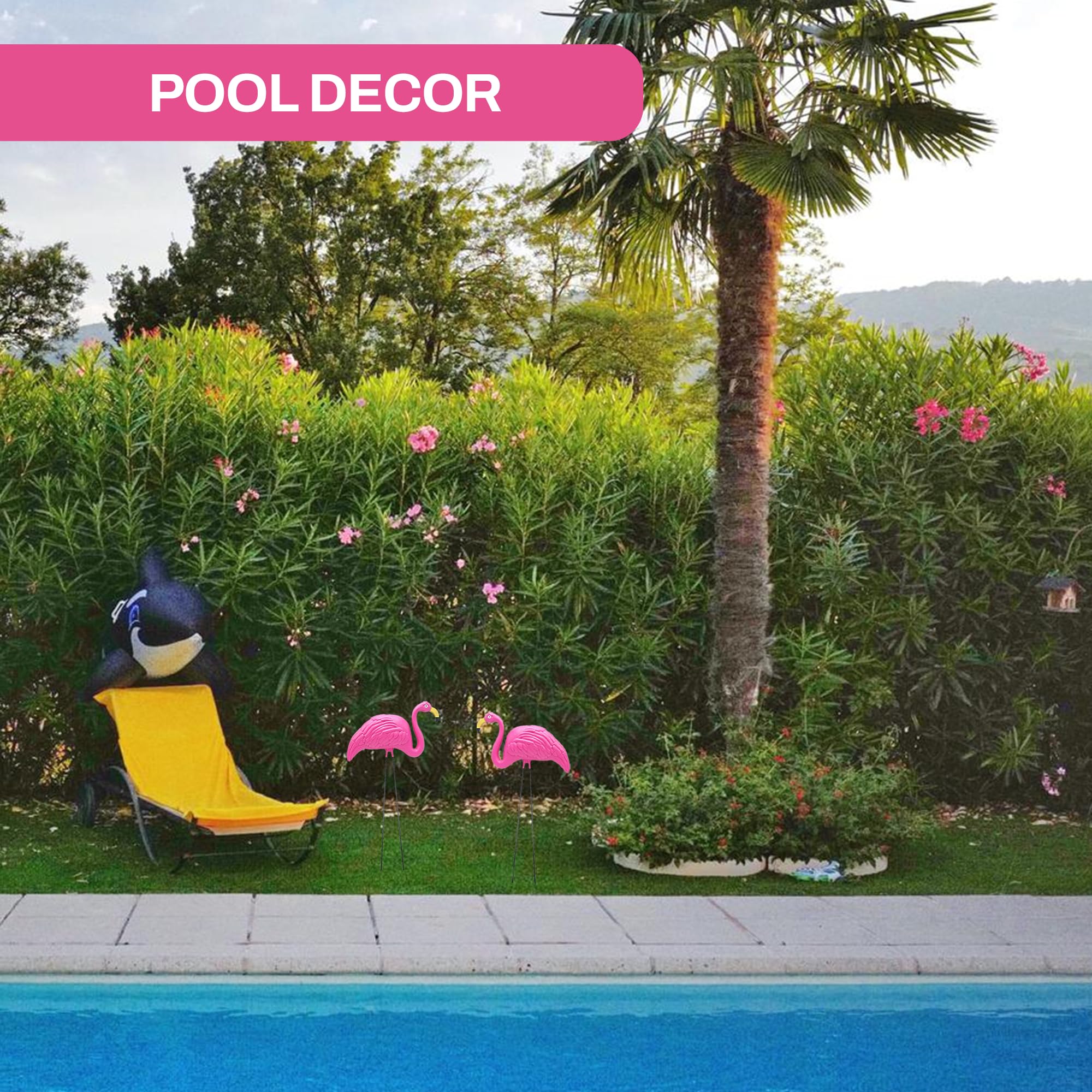4E's Novelty flamingo garden statue adds bright color and whimsy.