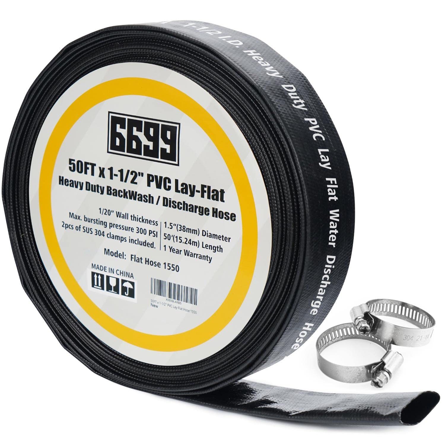 6699 discharge hose 50ft PVC with clamps for efficient water removal outdoors.