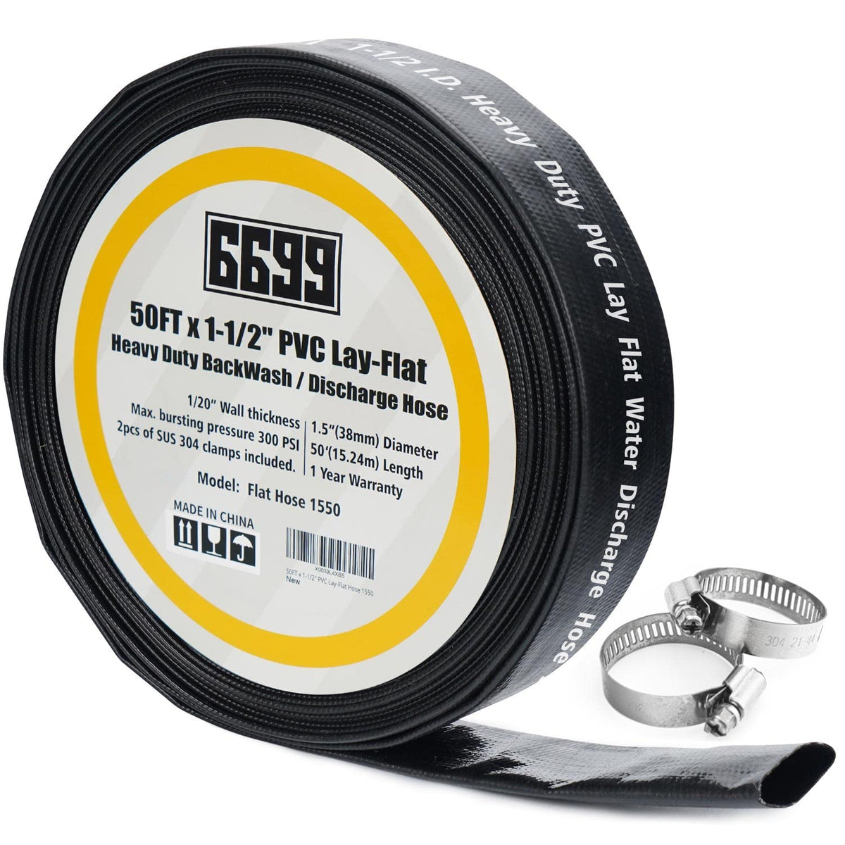 6699 discharge hose 50ft PVC with clamps for efficient water removal outdoors.