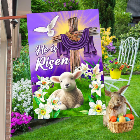 68LDROOTER He Is Risen double sided flag readable from both sides