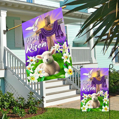 68LDROOTER He Is Risen garden flag 12x18 bright display on lawn