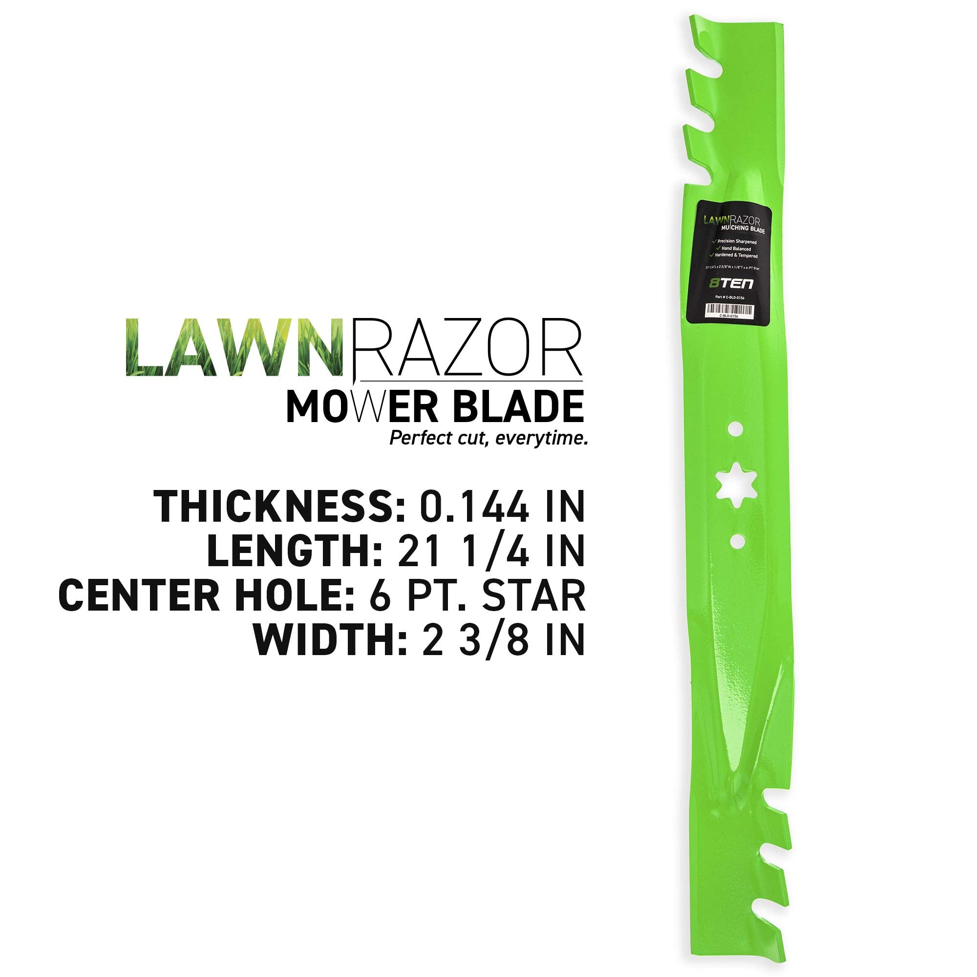 8TEN LawnRAZOR blade set on a 42-inch deck shows the toothed edge design.