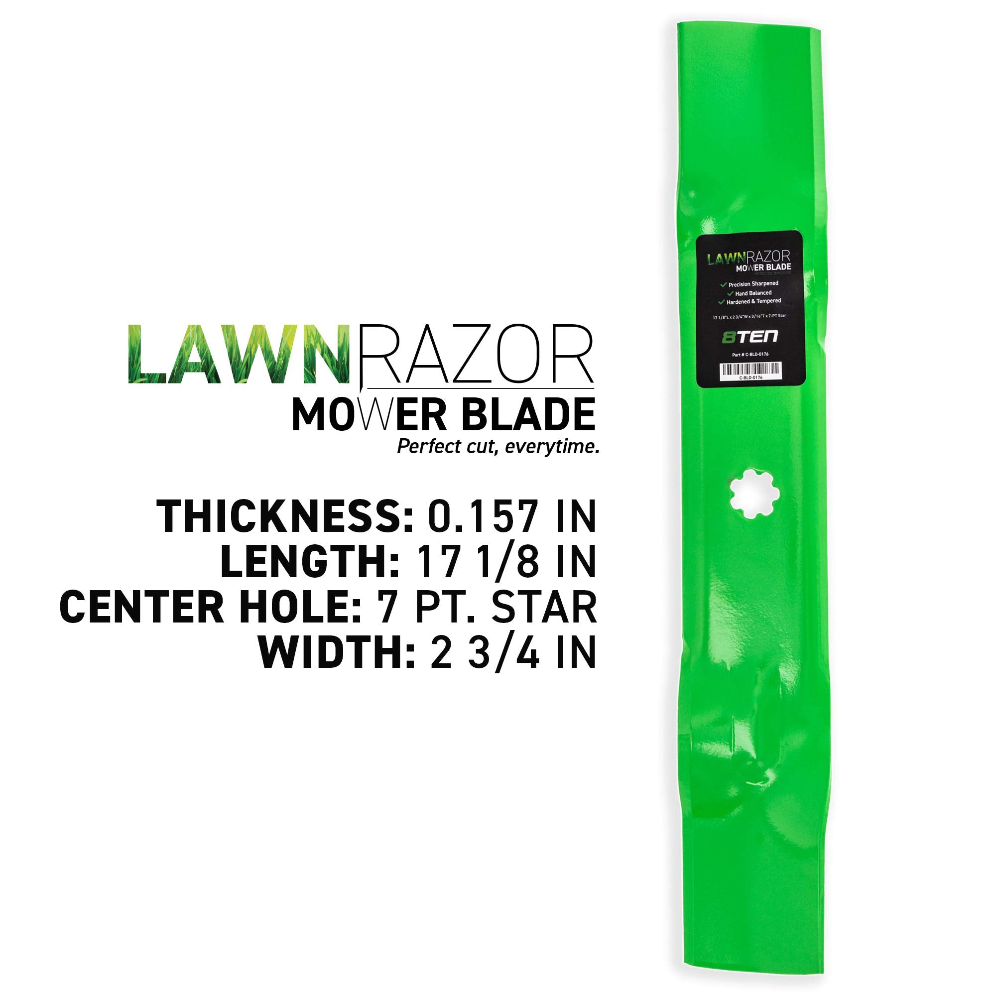 8TEN LawnRAZOR blade set end view emphasizing AM141035 compatibility.