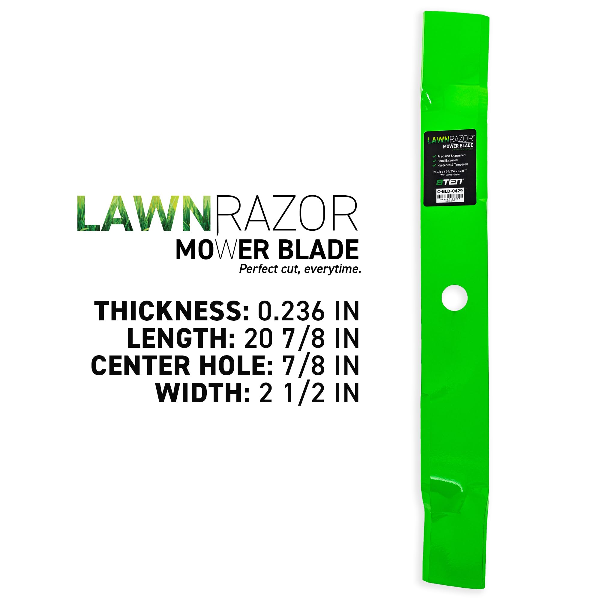 8TEN LawnRAZOR closeup blade edge highlights durable balance for mowing