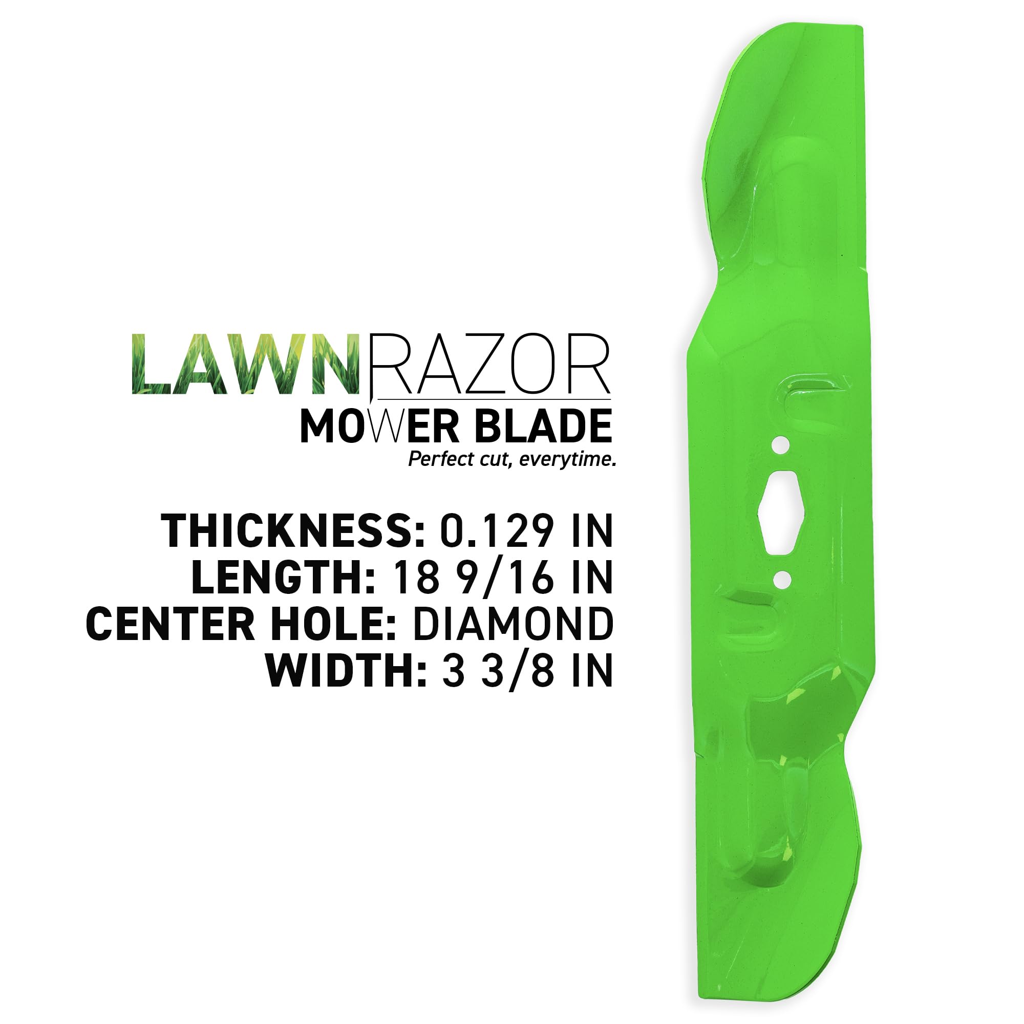 8TEN LawnRAZOR diamond hole pattern enhances balance and cut quality with S-pattern spindles.
