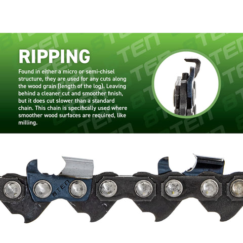 8TEN ripping chain in saw action delivers clean rips with reduced snag