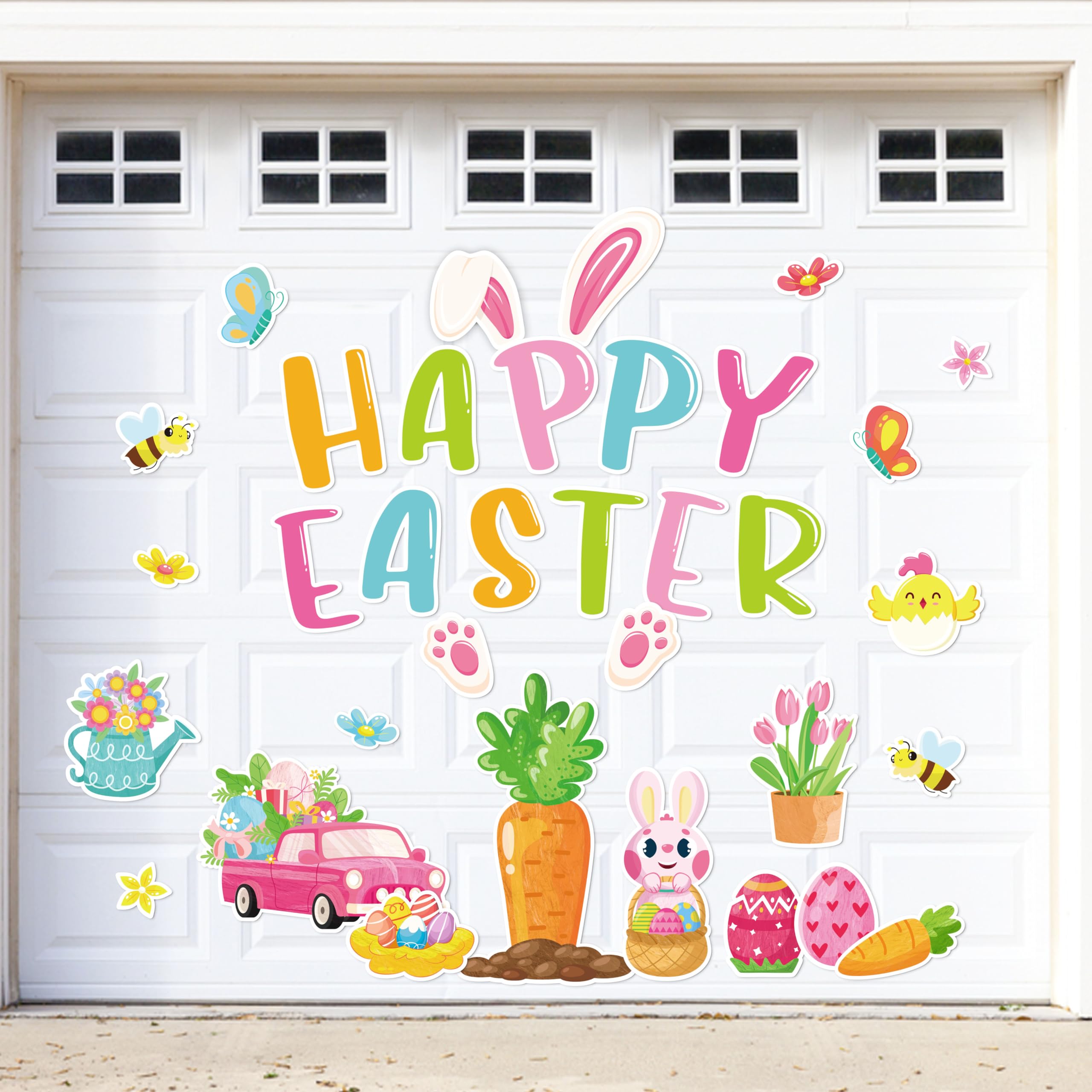 90shine 34-piece Easter magnets on a metal garage door for festive curb appeal