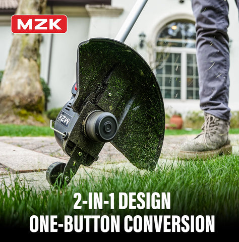 MZK ST12D07 cordless trimmer shows 12-inch cutting diameter for wider coverage.