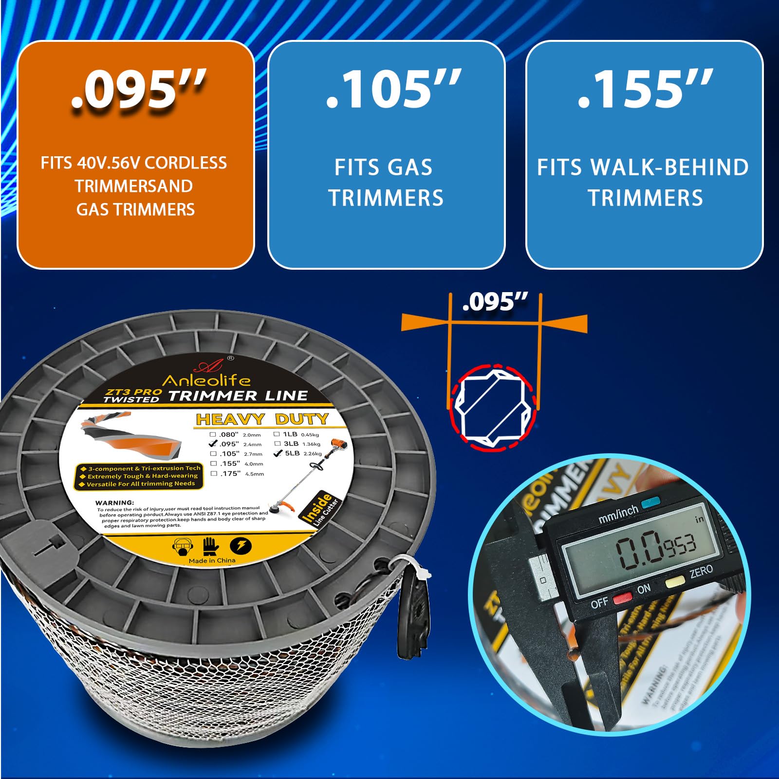 A ANLEOLIFE 0.095-inch by 1870-foot line offers long-lasting cutting performance.